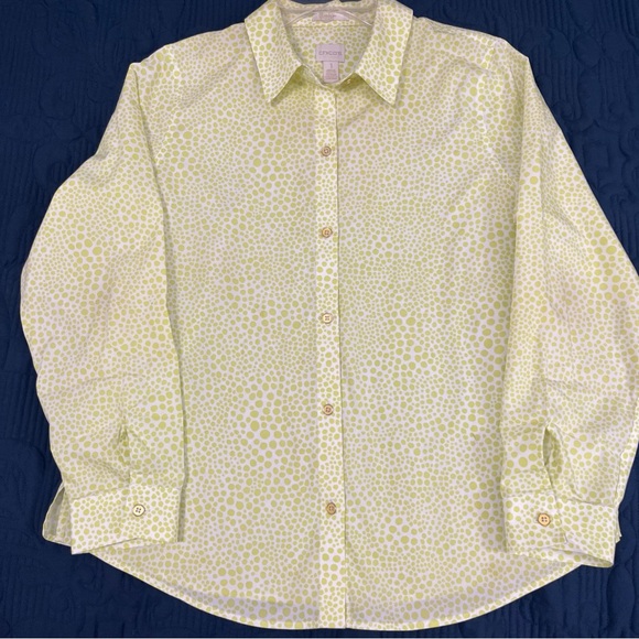 Chico’s Women’s Size 1 (M) Lime Green Spotted Button Up Shirt Long Sleeve Spring - Picture 2 of 7